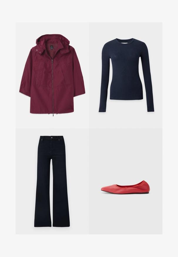 Chaqueta ligera de color marrón con cremallera, capucha y mangas 3/4. Presenta dos bolsillos frontales y una textura suave y mate.; Jersey azul marino de canalé, ajustado, de manga larga y cuello redondo sobre fondo gris claro.; Vaqueros acampanados de mezclilla en azul oscuro. Presentan cierre con botón, cinco bolsillos y un diseño limpio con variaciones mínimas en la textura.; Filippa K REY FLATS - Bailarinas - bright red