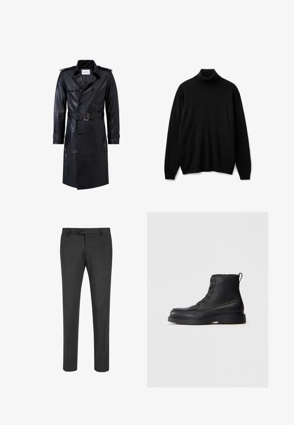 Zwart leren dubbelzijdige trenchcoat met een ceintuur in de taille, epauletten, knoopmanchetten en een label "RICANO" in de kraag.; Zwarte coltrui gemaakt van zachte stof, met lange mouwen, een aangesloten hals en een relaxte pasvorm. Geen patronen of versieringen zichtbaar.; Zwarte formele broek van soepel materiaal, met een getailleerde fit, knoopsluiting en twee kontzakken. Rechte pijpen.; Zwarte gestructureerde leren veterschoen tot de enkel met dikke zool en een lusje aan de achterkant, zijaanzicht.