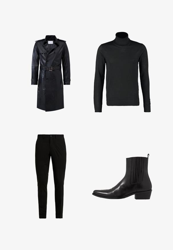 Sort læder dobbeltradet trench coat med bælte i taljen, skulderstropper, knapmanchetter og mærket "RICANO" indeni kraven.; Lindbergh ROLL NECK - Striktrøje - black; Sorte skræddersyede bukser lavet af glat stof, med flad front, to sidelommer og en enkelt knaplukning.; Sort læder ankelstøvle med spids tå, elastiske sidepaneler, lodrette stikninger og en lav blokhæl.