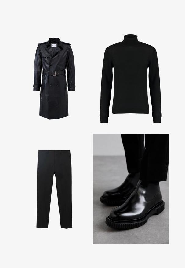 Sort læder dobbeltradet trench coat med bælte i taljen, skulderstropper, knapmanchetter og mærket "RICANO" indeni kraven.; Sort turtleneck sweater i et glat strikket stof, med lange ærmer og en tætsiddende silhuet. Ribstrikkede manchetter og kant.; Sorte bukser lavet af glat stof, med lige ben design, flad front og diskrete lommer. Ingen synlige mønstre eller accenter.; Sorte læder Chelsea støvler med en glat overflade, elastiske sidepaneler og en tykkere, struktureret gummisul med et robust dækmønster.