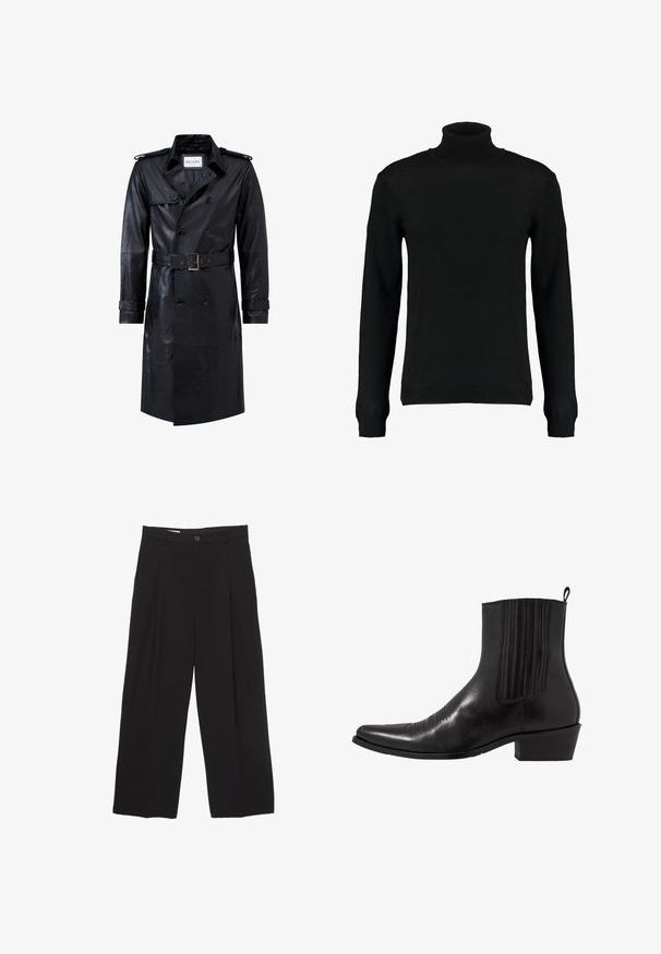 Sort læder dobbeltradet trench coat med bælte i taljen, skulderstropper, knapmanchetter og mærket "RICANO" indeni kraven.; Sort turtleneck sweater i et glat strikket stof, med lange ærmer og en tætsiddende silhuet. Ribstrikkede manchetter og kant.; Sorte bukser med bred benvidde lavet af glat stof, med flad talje, frontfolder og en enkelt knaplukning.; Sort læder ankelstøvle med spids tå, elastiske sidepaneler, lodrette stikninger og en lav blokhæl.