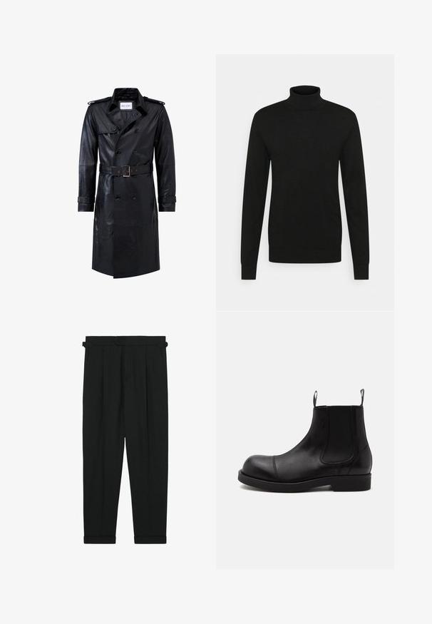 Sort læder dobbeltradet trench coat med bælte i taljen, skulderstropper, knapmanchetter og mærket "RICANO" indeni kraven.; Sort turtleneck sweater lavet af blødt, strækbart materiale. Lange ærmer, ribbet krave og manchetter samt en tætsiddende silhuet.; Reiss REGULAR FIT - COMPLEX HERRINGBONE - Bukser - navy; Sort læder Chelsea-støvle med rund tå, elastiske sidepaneler, stropper foran og bagpå, flad sål, vist fra siden på hvid baggrund.