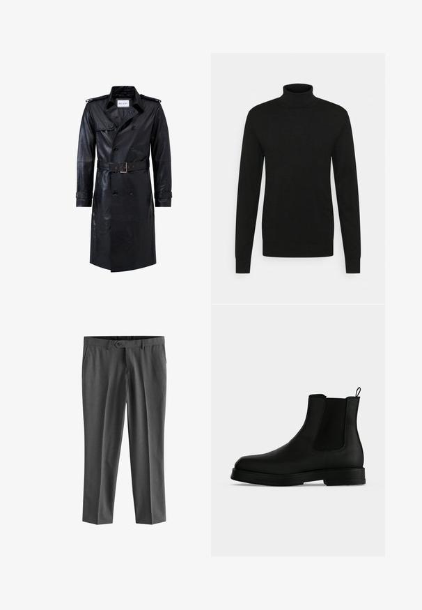 Zwart leren dubbelzijdige trenchcoat met een ceintuur in de taille, epauletten, knoopmanchetten en een label "RICANO" in de kraag.; Zwarte coltrui gemaakt van zacht, rekbaar materiaal. Lange mouwen, geribbelde kraag en boorden, en een aansluitende pasvorm.; Next REGULAR FIT - Pantalon - charcoal grey; Zwarte leren Chelsea-boot met elastisch zijpaneel, trek lus aan de achterkant en lage gestapelde zool op een effen lichte achtergrond.
