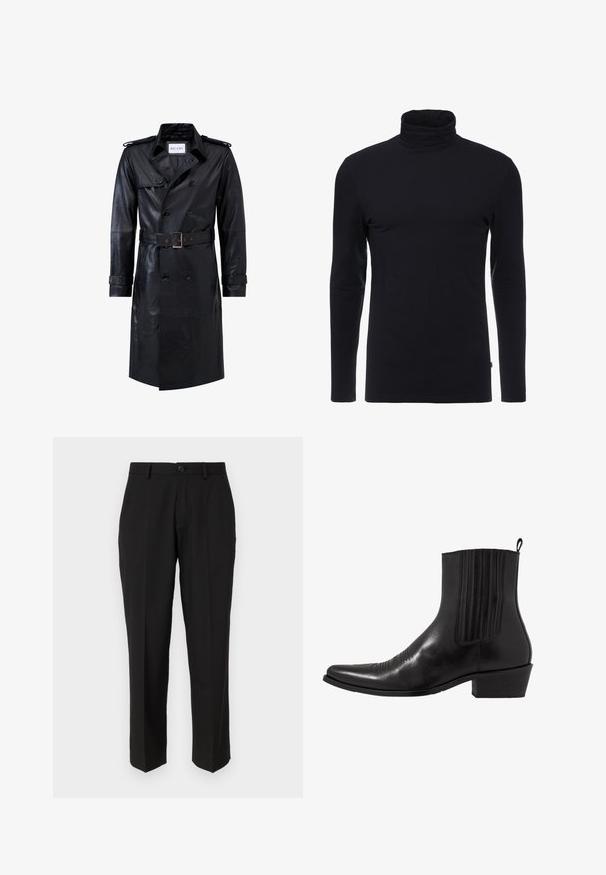 Sort læder dobbeltradet trench coat med bælte i taljen, skulderstropper, knapmanchetter og mærket "RICANO" indeni kraven.; Sort langærmet turtleneck skjorte lavet af blødt, strækbart stof. Har et tætsiddende design og en glat tekstur. Ingen synlige mønstre eller accenter.; Sorte bukser lavet af glat stof, med lige ben design, forlommer, en enkelt knaplukning, og uden synlige mønstre.; Sort læder ankelstøvle med spids tå, elastiske sidepaneler, lodrette stikninger og en lav blokhæl.