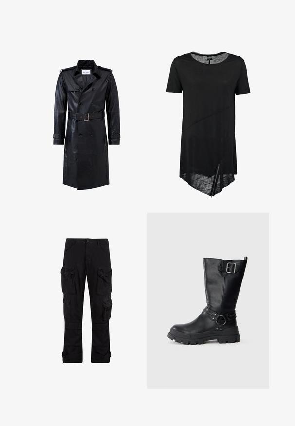 Sort læder dobbeltradet trench coat med bælte i taljen, skulderstropper, knapmanchetter og mærket "RICANO" indeni kraven.; Sort kortærmet t-shirt med rund halsudskæring, asymmetrisk kant, gennemsigtig tekstur og en sidelukning. Blødt, let stof.; Sorte cargo-bukser lavet af slidstærkt stof, med flere lommer, lynlåslukninger og en afslappet pasform med justerbare manchetter ved anklerne.; Sorte læderknæhøje støvler med en kraftig gummisål, der har en sidelås, stropdetaljer og struktureret finish.