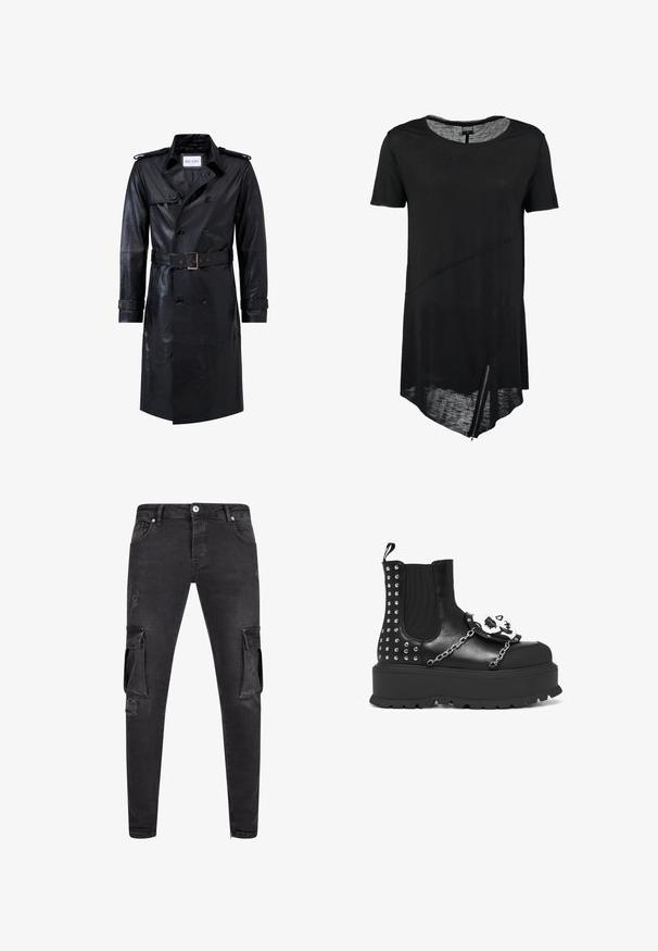 Sort læder dobbeltradet trench coat med bælte i taljen, skulderstropper, knapmanchetter og mærket "RICANO" indeni kraven.; Sort kortærmet t-shirt med rund halsudskæring, asymmetrisk kant, gennemsigtig tekstur og en sidelukning. Blødt, let stof.; Sorte cargo jeans med slim fit, der har slidte detaljer, cargo-lommer på siden og lynlåse ved anklerne.; Sort platformstøvle med sølvnitter, kædedetaljer og en hvid kranie dekoration på frontpanelet.