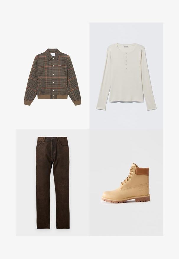 Veste en tartan marron avec des lignes orange, devant à boutons, col et ourlet côtelé. Présente une broderie de logo sur la poitrine. Texture douce.; Chemise henley crème à manches longues avec col rond et patte à cinq boutons, étiquetée Weekday, posée à plat sur un fond neutre.; Jean en denim marron avec une texture légèrement usée, coupe droite, cinq poches et une fermeture à bouton à la taille.; Bottes ankle en cuir marron clair avec col rembourré, œillets dorés, lacets tan et semelle crantée épaisse sur fond clair.
