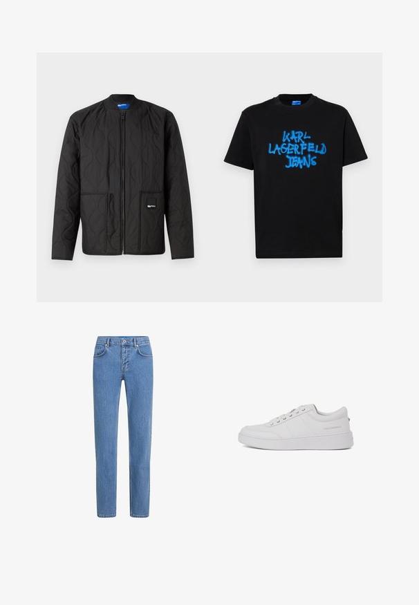 Zwarte gewatteerde jas met ritsluiting, ronde kraag, twee voorzakken en een klein merklabel op de onderste zak.; Zwarte katoenen T-shirt met korte mouwen, voorzien van blauwe spuitverfde tekst "KARL LAGERFELD JEANS" op de voorkant in een gedurfde graffiti-stijl.; Lichtblauwe denim jeans met een recht beenontwerp, vijf zakken en een knoopsluiting. De stof heeft een gestructureerde afwerking met subtiele vervaging.; Witte leren sneakers met een klassiek low-top ontwerp, platte zool en subtiele merklogo op de hiel. Voorzien van vijf metalen oogjes voor veters.