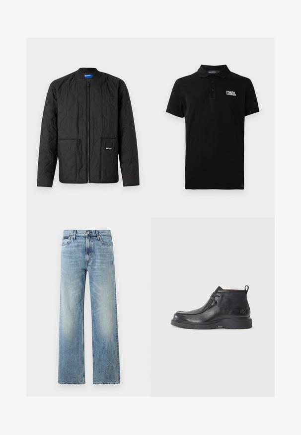 Schwarze gesteppte Jacke mit Reißverschluss, rundem Kragen, zwei Fronttaschen und einem kleinen Markenlabel an der unteren Tasche.; Schwarzes Polohemd mit kurzen Ärmeln, drei Knöpfen und weißem "KARL LAGERFELD"-Logo auf der linken Brust.; Hellblaue Jeans mit geradem Bein, hohem Bund, fünf Taschen, Knopfverschluss und dezentem Verblassen an Oberschenkeln und Knien.; Schwarze Leder-Stiefel bis zur Knöchel mit runder Zehenform, Schnürdesign und einer Ziehlasche auf der Rückseite. Strukturiertes Obermaterial und Gummisohle.