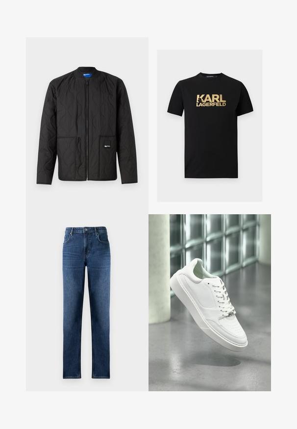 Sort quiltet jakke med lynlås, rund krave, to forlommer og et lille mærke på den nederste lomme.; Sort kortærmet t-shirt med rund hals og fedt gyldent "KARL LAGERFELD"-tekst samt silhuetlogo midt foran.; Mørkeblå denimjeans med klassisk snit. Har fem lommer, knaplukning og subtilt slid på benene. Lige ben design.; Hvid sneakers i læder med rundet snude, snørelukning foran og flad gummisål. Har perforerede detaljer og subtilt logoaccent.