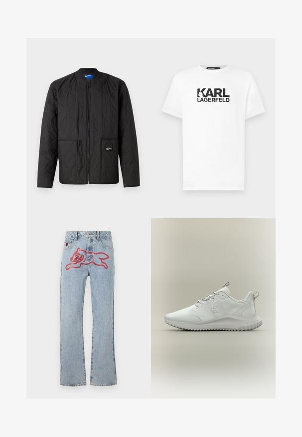 Sort quiltet jakke med lynlås, rund krave, to forlommer og et lille mærke på den nederste lomme.; Hvid bomulds t-shirt med korte ærmer, prydet med et sort grafisk design af teksten "KARL LAGERFELD" og et silhuetlogo.; Lyseblå denimjeans med lige ben, med et stort rød, tegneserieagtigt kattegrafik på bagsiden og traditionel fem-lomme styling.; Hvid lavtop atletiksko med tekstureret sål, snørebånd foran og "cK" logo på siden, vist i profil på en neutral baggrund.