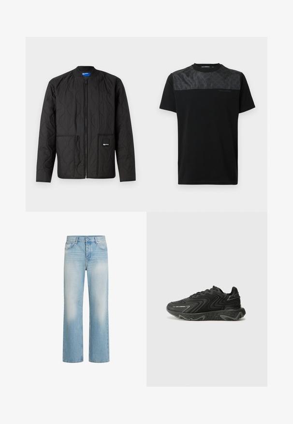 Zwarte gewatteerde jas met ritsluiting, ronde kraag, twee voorzakken en een klein merklabel op de onderste zak.; Zwart T-shirt met korte mouwen, voorzien van een getextureerde grijze paneel aan de bovenkant voor, met een gedetailleerd logo en een ronde hals.; Lichtblauwe denim jeans met een recht model, vervagingsdetails, vijf-zakkenstijl, knoopsluiting en riemlussen in de taille.; Zwarte sneakers met een golvende textuur en grijze accenten. Voorzien van een vetersluiting en een stevige, sculpturale zool. Branding is zichtbaar aan de zijkant.