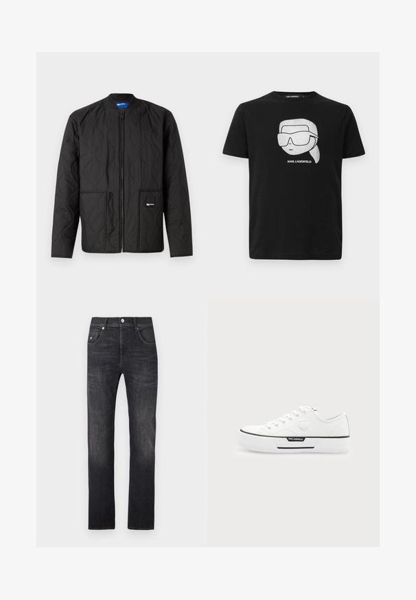 Sort quiltet jakke med lynlås, rund krave, to forlommer og et lille mærke på den nederste lomme.; Sort bomulds t-shirt med en hvid grafik af en stiliseret karakter iført store solbriller, med teksten "KARL LAGERFELD" under billedet.; Mørkegrå denimjeans med lige pasform, der har fem lommer, knaplukning og subtile falmede detaljer langs benene.; Hvid lavtop sneaker med tyk sål, snørefront, sort stribedetalje og Karl Lagerfeld-logo på siden og hæltappen.