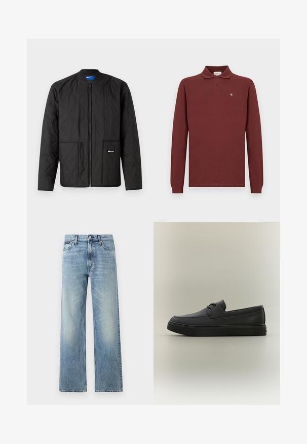 Zwarte gewatteerde jas met ritsluiting, ronde kraag, twee voorzakken en een klein merklabel op de onderste zak.; Bordeaux lange mouwen polo shirt van katoen, met een klassieke kraag, een drie-knopen sluiting en een klein geborduurd logo op de borst.; Lichtblauwe denim jeans met rechte pijpen, een hoge taille, vijf zakken, knoopsluiting en subtiele vervaging op de dijen en knieën.; Zwarte casual leren loafer met veters en dikke rubberen zool, zijaanzicht op een neutrale achtergrond.