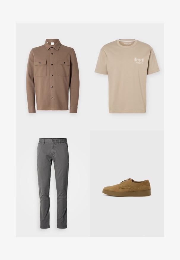 Brun knap-frontet jakke lavet af tekstureret stof. Har en krave, to brystlommer med klaffer og sorte trykknapper.; Beige kortærmet T-shirt med rund halsudskæring med små insektgrafikker og "Marc O'Polo" logo på venstre bryst.; Slim-fit grå bomuldsbukser med knaplukning, sidelommer og en glat tekstur. Har et klassisk design og skræddersyet silhuet.; Brun ruskindslærredsko med snørebånd og flad gummisål, set fra siden på en ensfarvet lys baggrund.
