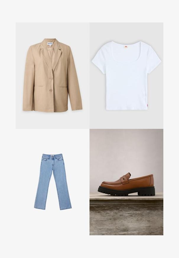 Blazer beige pour femme avec deux boutons, revers crantés et poches passepoilées à l'avant, présenté sur un fond blanc uni.; Haut blanc à manches courtes avec un décolleté carré, fabriqué en tissu à texture côtelée. Présente une petite étiquette logo rouge en bas à gauche.; Jeans évasés bleu clair en denim, dotés de cinq poches, d'une fermeture éclair et d'un motif de couture simple le long des coutures.; Mocassin en cuir marron avec une semelle noire épaisse flottant au-dessus d'une surface en bois, avec de grandes herbes vertes en arrière-plan.