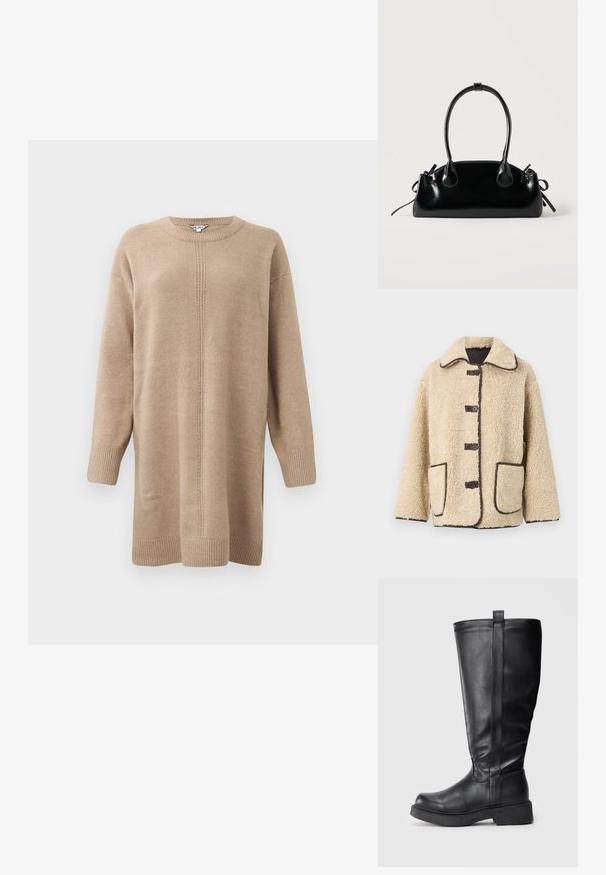 Beige fleecejakke med krave, fem knapper foran og brun piping. Har to store sidelommer.; Beige strikkjole med lange ærmer, rund halsudskæring og en central søm detalje. Har ribbede manchetter og kant for ekstra struktur.; Sorte knæhøje støvler lavet af glat læder med rundet tå, flad sål og en lodret sømdetalje langs siden.; Lille sort blank håndtaske med to lange håndtag og snøre-detaljer i siden på en ensfarvet lys baggrund.