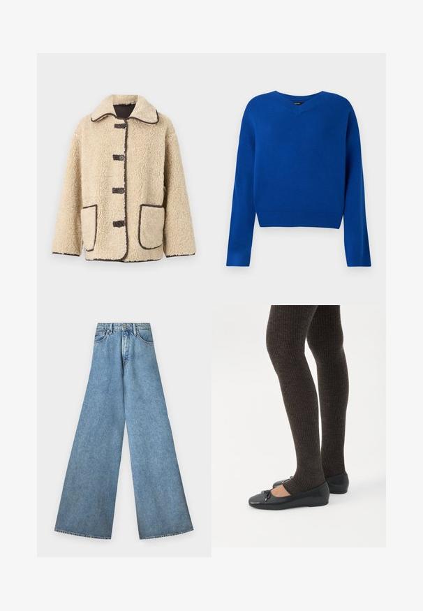 Beige fleecejakke med krave, fem knapper foran og brun piping. Har to store sidelommer.; V-hals, langærmet sweater i lys blå, lavet af blødt strikstof. Har ribbet kant og manchetter, med en afslappet pasform og minimal syning.; Good American PANELED WIDE LEG - Wide leg - indigo; Ben iført mørke ribbede leggings kombineret med sorte balletsko med små sløjfedetaljer på hvid baggrund.
