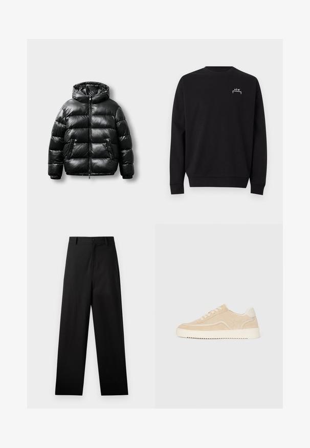 Zwarte pufferjas met een glanzend exterieur, capuchon, ritsluiting en twee zijzakken. Heeft een geborduurd patroon en elastische manchetten.; Zwarte lange mouwen crewneck trui met klein wit "A C W" logo en haakjesontwerp op de linker bovenborst.; Zwarte broek van katoen met een rechte pijpdesign, voorzien van een sluiting met een knoop aan de voorkant en zijzakken. Gladde textuur, geen patronen.; Beige suède sneaker met witte zool en veters, low-top ontwerp en zigzagprofiel op de zool.
