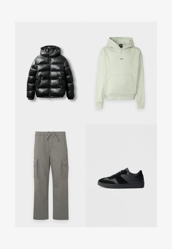 Zwarte pufferjas met een glanzend exterieur, capuchon, ritsluiting en twee zijzakken. Heeft een geborduurd patroon en elastische manchetten.; Lichtgroene hoodie met een voorzak, een trekkoordkap en een klein logo op de borst. Zacht materiaal, ribbelboorden en -zoom. Eenvoudig ontwerp.; Grijze rechte cargobroek met elastische tailleband, trekkoord, zijflapzakken en voorste schuine zakken op een witte achtergrond.; Zwarte sneakers met een mix van glad leer en suède, een gestructureerde zwarte rubberen zool en subtiele streepdetails.