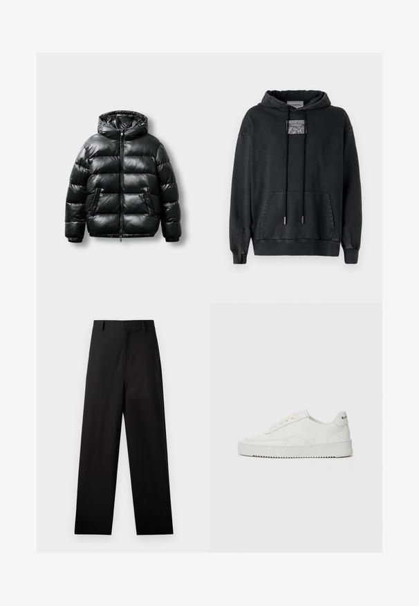 Zwarte pufferjas met een glanzend exterieur, capuchon, ritsluiting en twee zijzakken. Heeft een geborduurd patroon en elastische manchetten.; Iceberg Hoodie - nero; Zwarte broek van katoen met een rechte pijpdesign, voorzien van een sluiting met een knoop aan de voorkant en zijzakken. Gladde textuur, geen patronen.; Witte leren sneaker met een gladde afwerking, ronde neus, platte veters en een gestructureerde zool. Kenmerkt zich door een subtiel logo op de hiel.