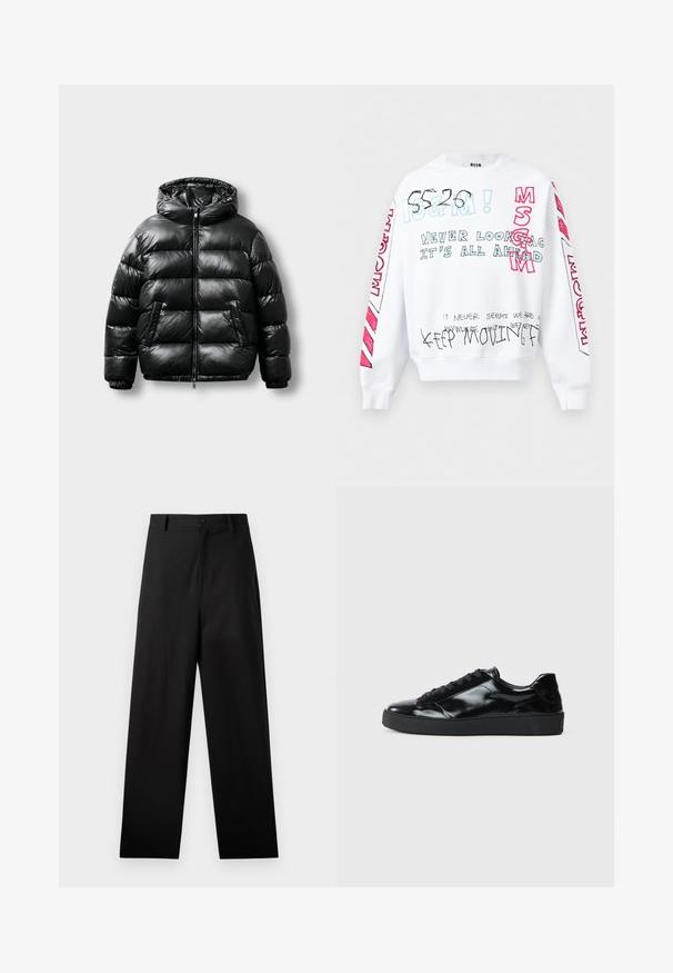 Zwarte pufferjas met een glanzend exterieur, capuchon, ritsluiting en twee zijzakken. Heeft een geborduurd patroon en elastische manchetten.; Witte sweatshirt met lange mouwen met meerkleurige handgeschreven tekst, waaronder "MSGM," "Kijk nooit terug, alles ligt voor je," en "Blijf vooruitgaan."; Zwarte broek van katoen met een rechte pijpdesign, voorzien van een sluiting met een knoop aan de voorkant en zijzakken. Gladde textuur, geen patronen.; Zwarte gepatenteerde leren sneakers met een ronde neus, vetersluiting, een gestructureerde rubberen zool en een glanzende afwerking.