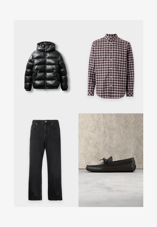 Zwarte pufferjas met een glanzend exterieur, capuchon, ritsluiting en twee zijzakken. Heeft een geborduurd patroon en elastische manchetten.; Langwerpige met ruitpatroon shirt in bordeauxrood en wit. Heeft een button-down kraag, een borstzak en knoopsluitingen aan de voorkant.; Zwarte rechttoe-rechtaan jeans met voorzakken, riemlussen en een knoopsluiting op een witte achtergrond.; Zwarte leren loafer met strikdetail, hangend boven een beige tapijt, met een ronde, glanzende bruine tafel op de achtergrond.