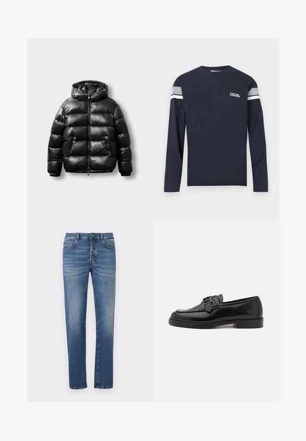 Chaqueta acolchada negra con un exterior brillante, capucha, cierre con cremallera y dos bolsillos laterales. Presenta un patrón acolchado y puños elásticos.; Camiseta de manga larga azul marino en tejido de algodón con cuello redondo, una raya blanca y gris en las mangas y un pequeño detalle de logo en el pecho.; Pantalones vaqueros azules de corte recto, con diseño de cinco bolsillos, patrón desteñido y cierre con botón metálico en la cintura.; Mocasines de cuero negro con punta redonda y un acento decorativo de hebilla. Tacón plano y sólido, con una textura suave en todo el zapato.