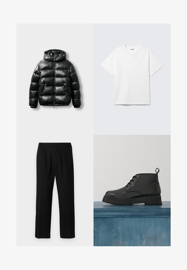 Chaqueta acolchada negra con un exterior brillante, capucha, cierre con cremallera y dos bolsillos laterales. Presenta un patrón acolchado y puños elásticos.; Camiseta blanca de manga corta con cuello redondo, colocada plana, diseño liso, con etiqueta "WEEKDAY" en el interior del cuello sobre un fondo claro.; Pantalones negros hechos de una tela suave, con una cintura elástica, diseño de pierna recta y dos pliegues frontales para mayor detalle.; Botín de piel negra con acabado brillante. Presenta una puntera redondeada, diseño de cordones y una suela gruesa con estrías para mayor tracción.