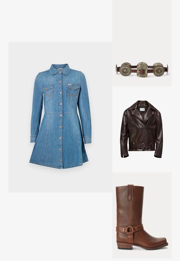Veste de moto en cuir marron avec un design croisé, poches zippées et une taille ceinturée avec une boucle en argent.; Robe en denim bleu à manches longues, avec un devant à boutons, deux poches poitrine et une jupe évasée. Comprend des boutons en ton cuivré et des coutures contrastées.; Botte mi-mollet en cuir marron avec un petit talon en bois, bout rond et sangle décorative avec des clous métalliques autour de la cheville.; Ceinture en cuir marron avec de grandes conchos en métal argenté ornées et une boucle rectangulaire argentée avec des motifs embossés.