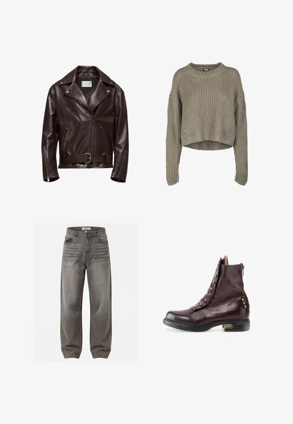 Veste de moto en cuir marron avec un design croisé, poches zippées et une taille ceinturée avec une boucle en argent.; Pull en tricot cropped vert olive avec un motif texturé, col rond et manches longues. Large côtelé au niveau de l'ourlet et des poignets.; Jean en denim gris taille haute avec des détails délavés, bouton et fermeture éclair à l'avant, passants pour ceinture et jambes droites larges.; Bottine en cuir marron foncé avec rabat déboutonné montrant des œillets métalliques et un talon bas empilé avec une petite plaque métallique sur le côté extérieur.