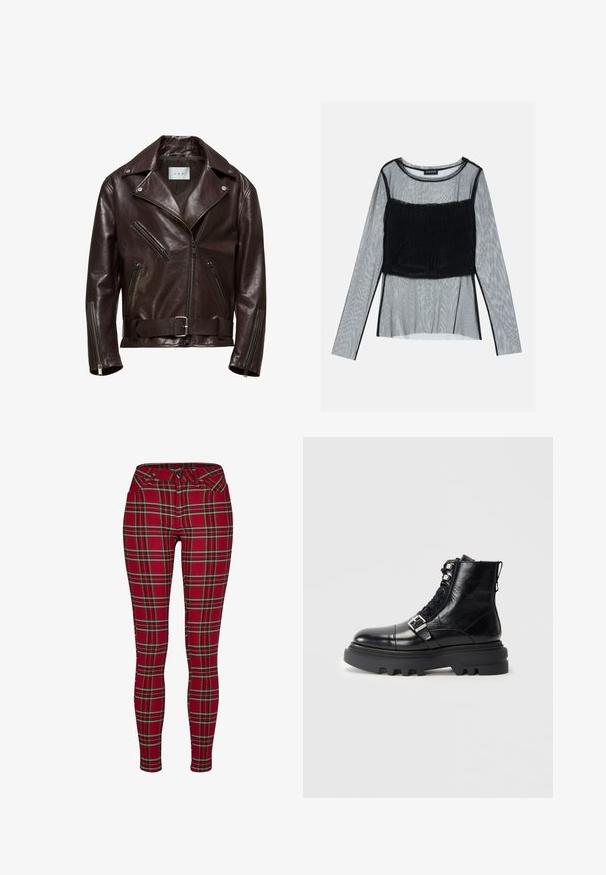 Veste de moto en cuir marron avec un design croisé, poches zippées et une taille ceinturée avec une boucle en argent.; Haut à manches longues en mesh noir, doté d'un corsage froncé ajusté avec un revêtement texturé, un col rond et des manches transparentes.; Jeans skinny à carreaux rouges avec une coupe ajustée, ornés de lignes jaunes et noires, avec une fermeture à bouton et des poches avant standard.; Bottine en cuir noir avec finition texturée, présentant un design à lacets, des accents en métal et une épaisse semelle en caoutchouc avec un profil prononcé.