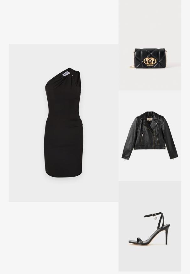 Veste de moto en cuir noir avec un design ajusté, fermeture éclair frontale asymétrique, deux poches avant et des accents en métal doré.; Robe noire à épaule unique en tissu extensible, avec des détails drapés, une silhouette ajustée et une fermeture éclair sur le côté.; Sandale à talon haut noire avec une bride étroite à la cheville, bout carré, cuir lisse et accent de boucle métallique.; Sac à main en cuir noir matelassé avec bandoulière chaîne dorée et grand logo doré Love Moschino sur le devant.