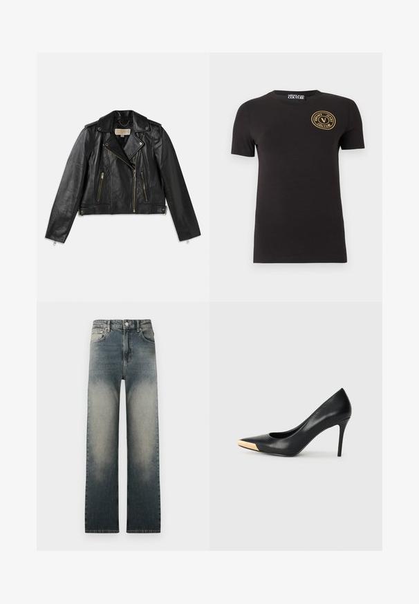 Chaqueta de motocicleta de cuero negro con un diseño ajustado, cremallera frontal asimétrica, dos bolsillos frontales y acentos de hardware en tono dorado.; Camiseta negra de manga corta con cuello redondo y pequeño logo dorado "Versace Jeans Couture" en el pecho izquierdo.; Jeans de pierna recta de cintura alta con lavado de denim claro y oscuro desvanecido y diseño clásico de cinco bolsillos.; Zapato de tacón alto de cuero negro con puntera afilada; presenta un detalle metálico dorado en la tapa del tacón. Superficie lisa con un diseño elegante.