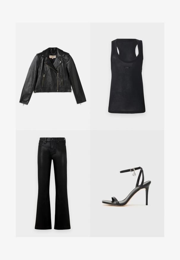 Chaqueta de motocicleta de cuero negro con un diseño ajustado, cremallera frontal asimétrica, dos bolsillos frontales y acentos de hardware en tono dorado.; Camiseta sin mangas negra con espalda racer y un pequeño gráfico de pedrería centrado debajo del escote.; Jeans negros de cintura alta con un ligero acampanado, cierre frontal con botón y cremallera, y estilo de cinco bolsillos sobre un fondo liso claro.; Sandalia de tacón alto negra con una estrecha correa en el tobillo, punta cuadrada, material de cuero liso y detalle de hebilla metálica.