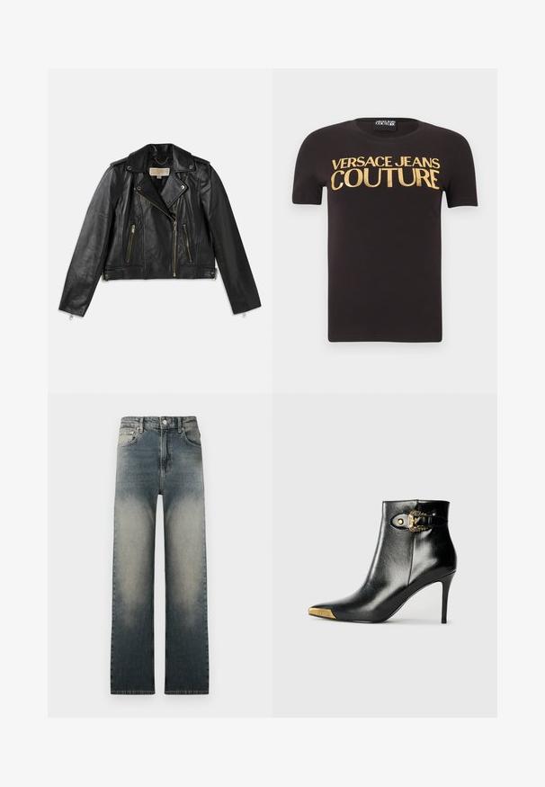 Chaqueta de motocicleta de cuero negro con un diseño ajustado, cremallera frontal asimétrica, dos bolsillos frontales y acentos de hardware en tono dorado.; Camiseta negra de manga corta con "Versace Jeans Couture" en grandes letras doradas en el pecho, cuello redondo y etiqueta de tela en el interior.; Jeans de pierna recta de cintura alta con lavado de denim claro y oscuro desvanecido y diseño clásico de cinco bolsillos.; Botín negro hasta el tobillo fabricado en cuero brillante, con punta puntiaguda, tacón de aguja y detalles dorados con una hebilla decorativa.