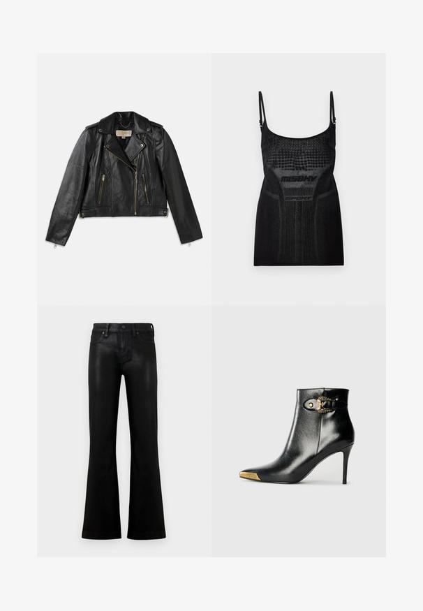 Veste de moto en cuir noir avec un design ajusté, fermeture éclair frontale asymétrique, deux poches avant et des accents en métal doré.; Haut noir sans couture sans manches avec bretelles spaghetti ajustables et motifs texturés, comportant les inscriptions "MISBHV" et "SPORT" sur le devant.; Jean noir taille haute avec une légère évasement, fermeture avant par bouton et fermeture éclair, et style à cinq poches sur un fond clair uni.; Bottine noire en cuir brillant, avec un bout pointu, un talon aiguille, et des accessoires dorés ornés d'une boucle décorative.