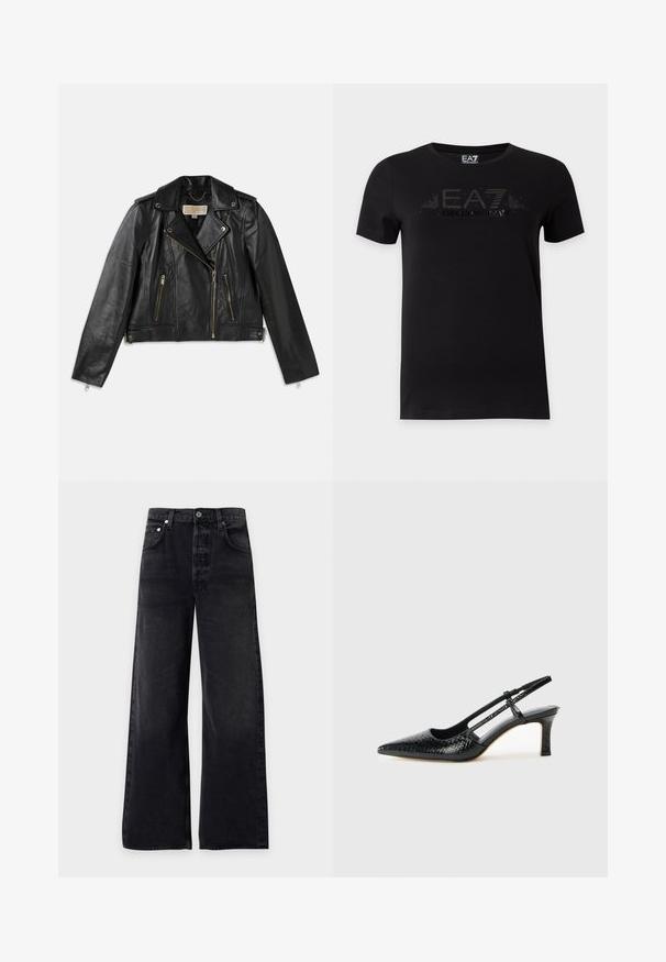 Chaqueta de motocicleta de cuero negro con un diseño ajustado, cremallera frontal asimétrica, dos bolsillos frontales y acentos de hardware en tono dorado.; Camiseta negra de manga corta con el logo EA7 Emporio Armani impreso en letras oscuras y brillantes en el pecho.; Vaqueros negros de tiro alto y pierna ancha con bolsillos delanteros y traseros, cierre de botones y trabillas para cinturón, colocados planos sobre un fondo blanco.; Tacón slingback negro de charol con punta afilada, que presenta un estampado de serpiente texturizado, correa ajustable y un tacón bloque corto y texturizado.