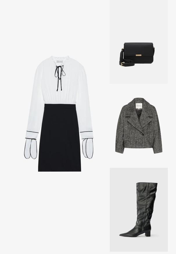 Manteau cropped en noir et blanc à motif en chevrons, avec un large col, fermeture à un bouton et deux poches latérales. Texture de tissu lisse.; Blouse blanche avec un col froncé et un cordon de serrage ; jupe noire ajustée avec des passepoils blancs contrastants sur les manches. Texture de tissu lisse.; Bottes noires en cuir jusqu'au genou avec un bout pointu, un tige décontractée et un talon carré. Texture lisse avec peu de coutures visibles.; Sac en cuir noir avec un rabat, accents en matériel doré, sangle réglable et surface texturée. Forme rectangulaire compacte.