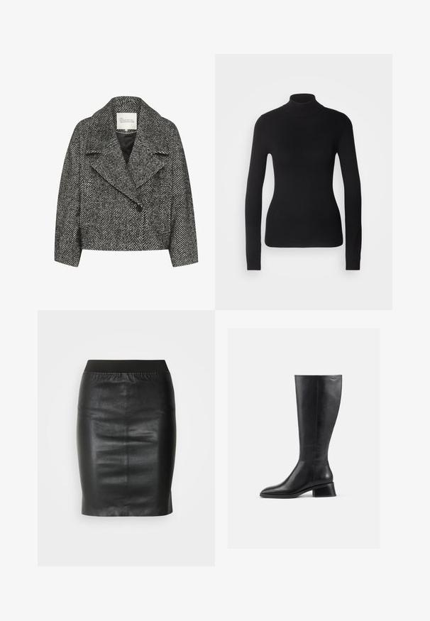 Manteau cropped en noir et blanc à motif en chevrons, avec un large col, fermeture à un bouton et deux poches latérales. Texture de tissu lisse.; Pull à col roulé noir en maille légère. Il possède des manches longues, une coupe ajustée et une texture côtelée douce.; Jupe crayon noire en cuir lisse, dotée d'une taille élastique pour une silhouette ajustée et un design minimaliste.; Bottillon en cuir noir hauteur genou avec un bout arrondi et un petit talon carré. Présente une texture lisse et des détails de couture minimaux.