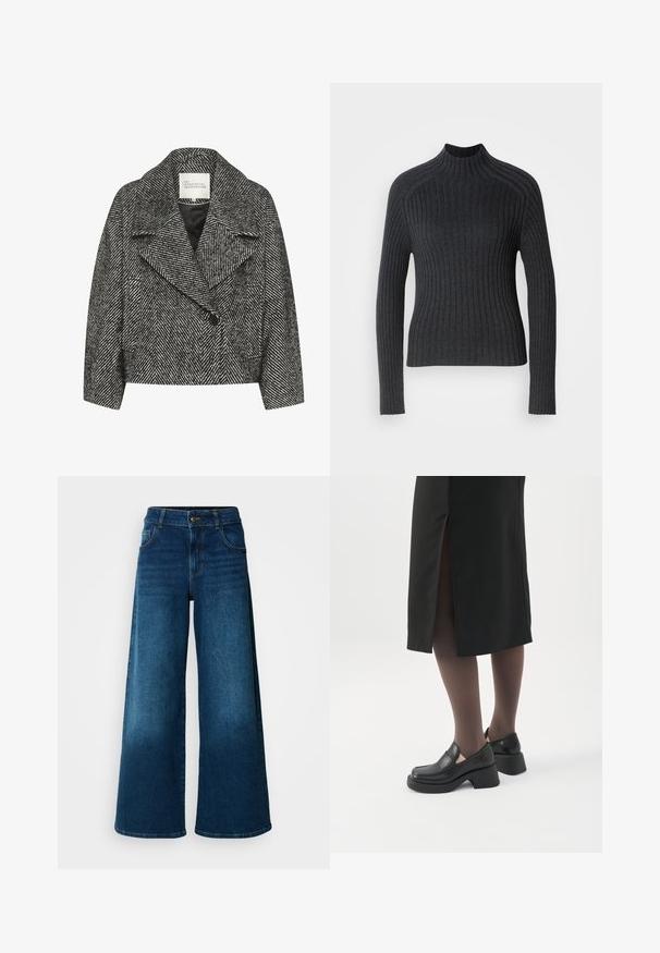 Manteau cropped en noir et blanc à motif en chevrons, avec un large col, fermeture à un bouton et deux poches latérales. Texture de tissu lisse.; Pull côtelé gris foncé avec des manches longues et un col haut, présentant une coupe ajustée et une texture subtil.; Jean large en denim bleu foncé. Doté d'une taille haute, d'une fermeture à bouton et d'un design classique à cinq poches avec une légère décoloration.; Femme portant des mocassins noirs à talons épais, des collants noirs transparents et une jupe noire fendue à l'arrière sur fond blanc.