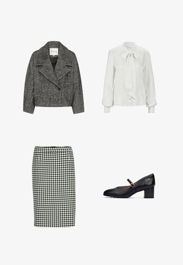 Manteau cropped en noir et blanc à motif en chevrons, avec un large col, fermeture à un bouton et deux poches latérales. Texture de tissu lisse.; Blouse blanche en tissu lisse, avec un nœud au col, des manches longues bouffantes et une fermeture à boutons à l'avant.; Jupe crayon en noir et blanc à motif pied de poule, avec un design ajusté, une texture lisse et une coupe mi-longue. Présente un motif classique sur l'ensemble.; Chaussure Mary Jane en cuir noir avec un bout rond, une sangle de cheville avec une boucle ronde et un talon en bois de hauteur moyenne. Accents texturés sur le talon.