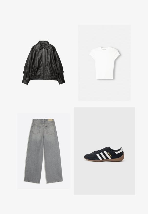 Veste en cuir noir avec fermeture éclair à l'avant, col large, et détails froncés aux poignets et à l'ourlet, avec poches latérales et épaules structurées.; T-shirt blanc à manches courtes en coton doux, avec un col rond et une coupe ajustée. Pas de motifs ni d'ornements visibles.; Jean en denim gris à jambes larges montrant l'arrière avec deux poches et des passants de ceinture, posé à plat sur fond blanc.; Baskets en daim noir avec trois bandes blanches, semelle en caoutchouc beige, et un petit logo doré sur le côté. Dotées d'une doublure intérieure noire lisse.