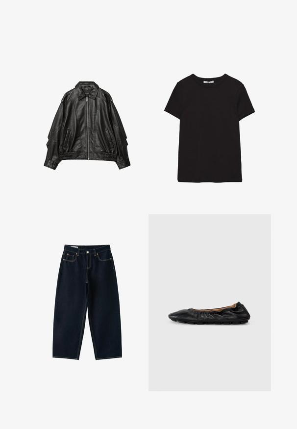 Veste en cuir noir avec fermeture éclair à l'avant, col large, et détails froncés aux poignets et à l'ourlet, avec poches latérales et épaules structurées.; T-shirt noir en coton à manches courtes avec encolure ronde, coupe standard et étiquette intérieure visible au niveau du col.; Jean bleu foncé à jambes larges avec cinq poches, fermeture par bouton et coutures contrastées sur fond blanc.; Ballerines en cuir noir avec des détails froncés au col, bout rond et semelle en caoutchouc flexible. Texture lisse dans l'ensemble.