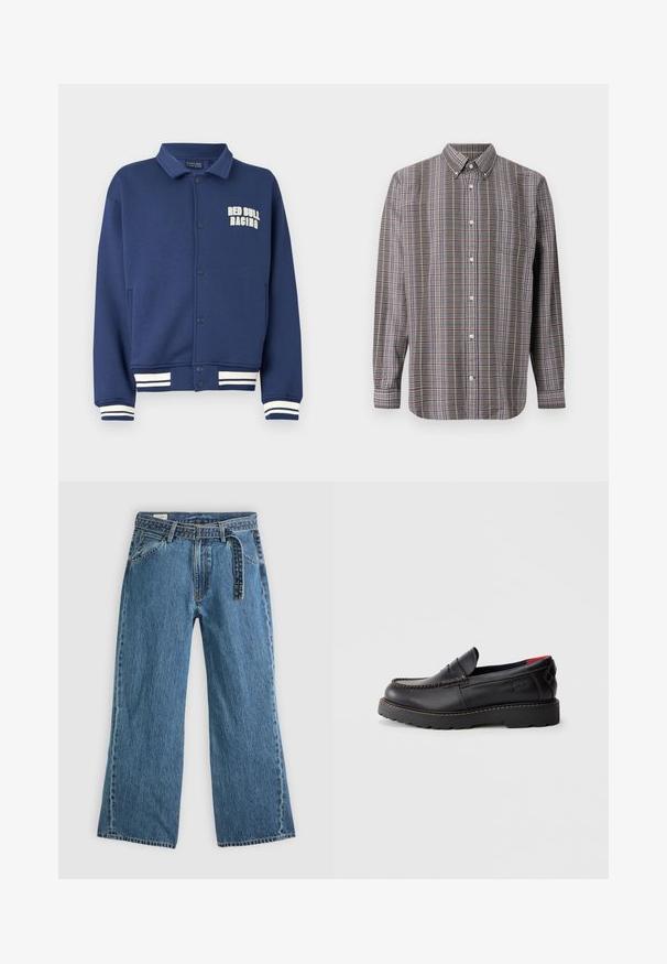 Sudadera azul marino con cuello en forma de solapa, botones a presión, logo de Red Bull Racing y puños con rayas blancas en el bajo y las mangas.; Camisa de botones de manga larga con un patrón de cuadros en marrón, blanco, azul y púrpura, y un bolsillo en la parte delantera sobre un fondo blanco.; Pantalones vaqueros de mezclilla azul de pierna ancha con cinturón adjunto, bolsillos frontales y costuras visibles sobre un fondo claro y liso.; Zapatilla negra de cuero con costuras de mocasín, suela de goma y un acabado texturizado. Presenta un sutil logo en el costado.