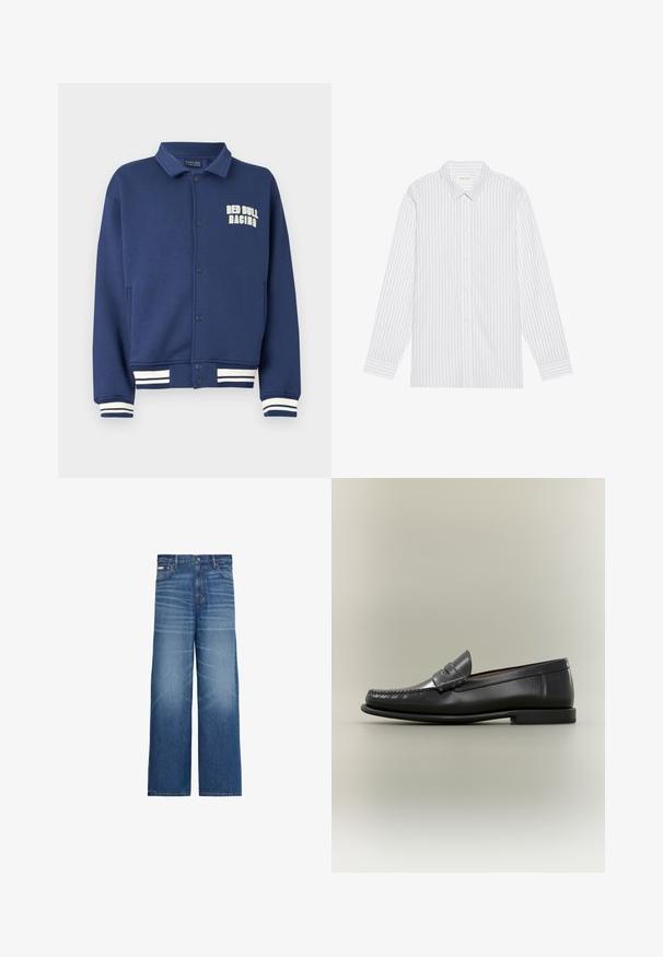 Sudadera azul marino con cuello en forma de solapa, botones a presión, logo de Red Bull Racing y puños con rayas blancas en el bajo y las mangas.; Camisa blanca de botones con finas rayas verticales negras, que presenta un cuello clásico y mangas largas con puños abotonados.; Vaqueros azules de pierna ancha con detalles descoloridos, cinco bolsillos y cierre de botón en la cintura.; Mocasín de hombre de cuero negro con diseño moc-toe, tira de tipo penny y tacón bajo sobre fondo neutro.