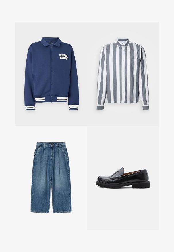 Sudadera azul marino con cuello en forma de solapa, botones a presión, logo de Red Bull Racing y puños con rayas blancas en el bajo y las mangas.; Camisa abotonada con rayas verticales grises y blancas, mangas largas, un bolsillo en el pecho y cuello clásico. Hecha de un tejido ligero.; Vaqueros de mezclilla azul de pierna ancha con pliegues, bolsillos laterales, cierre de botón y trabillas para cinturón, extendidos sobre un fondo blanco.; Mocasines de penny de cuero negro con suela de goma gruesa y costura tipo moc, presentados de perfil sobre un fondo blanco.