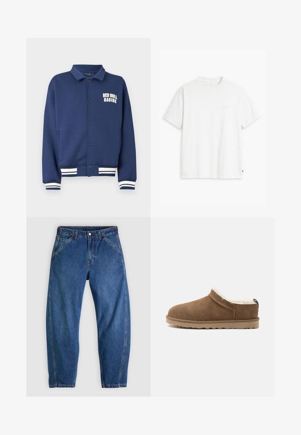 Marineblaues Sweatshirt mit einem Kragen, Druckknöpfen, Red Bull Racing-Logo und weißen gestreiften Bündchen am Saum und an den Ärmeln.; Weißes Baumwoll-T-Shirt mit kurzen Ärmeln, rundem Ausschnitt und einem dezenten "Levi's"-Logo in heller Farbe auf der Vorderseite.; Blaue Denim-Jeans mit lockerer Passform, ausgestattet mit Knopfverschluss, fünf Taschen und kontrastierenden orangefarbenen Nähten. Durchgehend glatte Textur.; Brauner Velours-Slipper mit beiger Sohle und weißem Fleecefutter, für Wärme und Komfort im Innenbereich konzipiert.