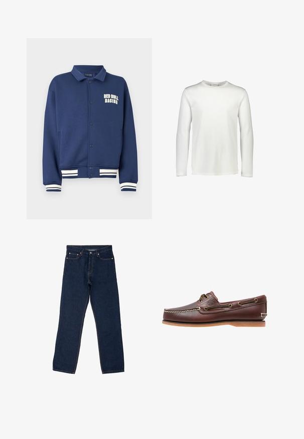 Marineblaues Sweatshirt mit einem Kragen, Druckknöpfen, Red Bull Racing-Logo und weißen gestreiften Bündchen am Saum und an den Ärmeln.; Schlichtes weißes Langarmshirt mit Rundhalsausschnitt und glatter Textur, frontal auf weißem Hintergrund.; Dunkelblaue Jeans aus Denim mit geradem Bein, sichtbare Nähte in kontrastierendem Orange, fünf Taschen und einem standardmäßigen Knopfverschluss.; Brauner Leder-Bootsschuh mit weißen Nähten, Schnürdetails und hellbrauner Gummisohle, seitlich auf weißem Hintergrund gezeigt.