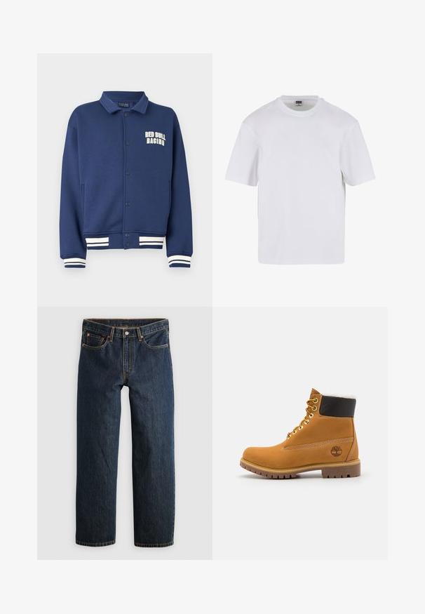 Navyblå sweatshirt med krave, trykknapper, Red Bull Racing-logo og hvide stribede manchetter ved kant og ærmer.; Hvid kortærmet t-shirt lavet af bomuld. Har en rund halsudskæring og en afslappet pasform. Glat tekstur, minimalistisk design, ingen mønstre eller accenter.; Mørkeblå denimjeans med en lige ben-snit. Har fem lommer, kontrastsyning og knaplukning i taljen.; Brune læder ankelstøvle med metaløjer, hvid pelsforing, sort polstret krave, robust sål og præget logo på siden.